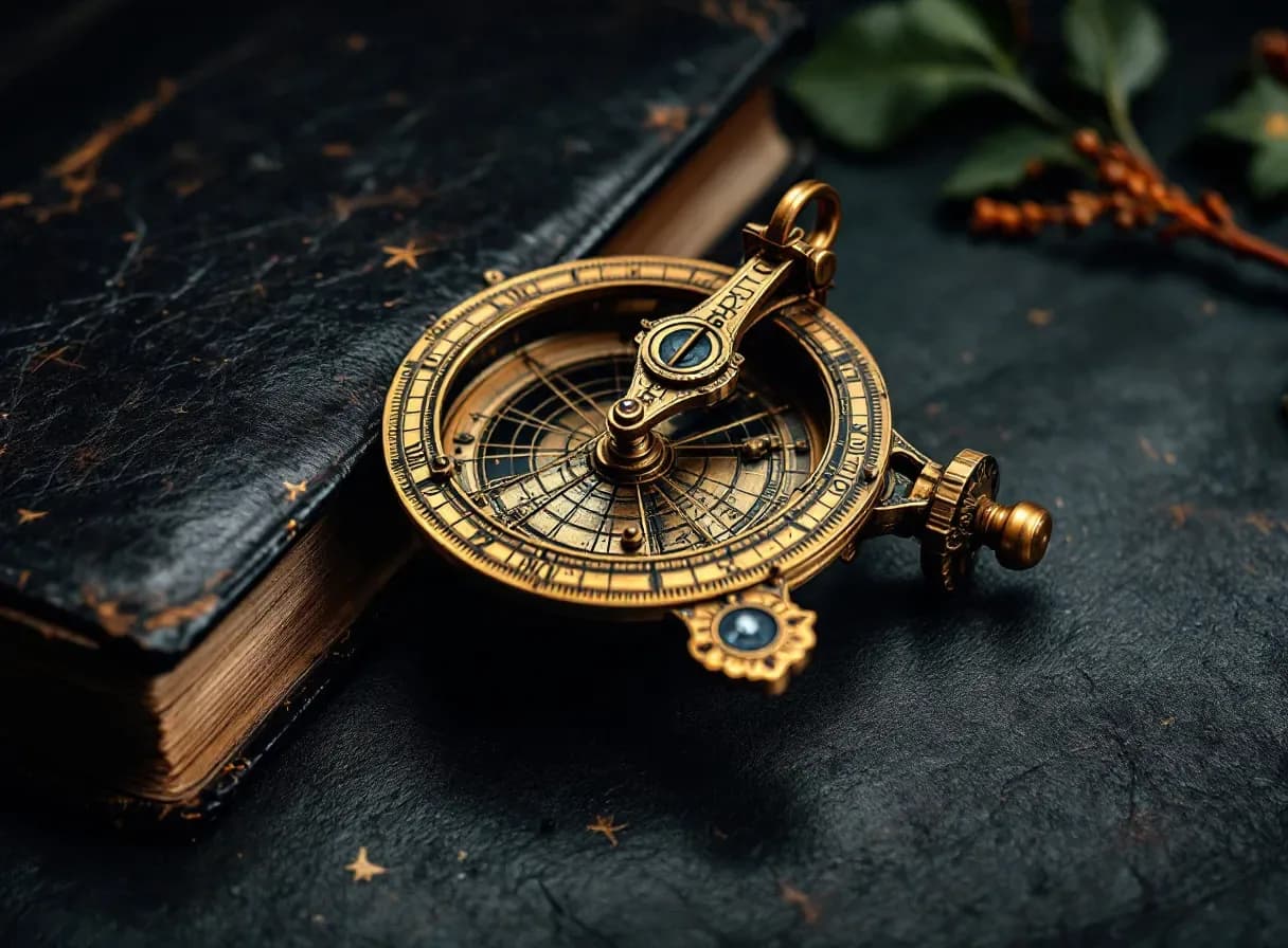 An astrolabe resting on an old book
